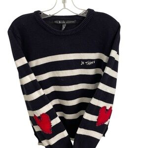 Aqua x Kerri Rosenthal Navy and White Striped Sweater with heart decals on elbow